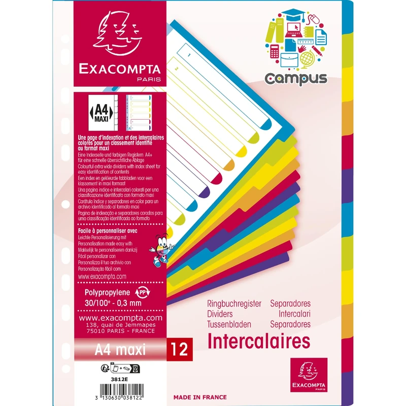 Exacompta - Ref 3812E - Box of 15 dividers Made of semi-Opaque Rigid Polypropylene with 12 Campus Neutral tabs - Printable indexing Page - A4 Maxi File Format - Translucent Colours
