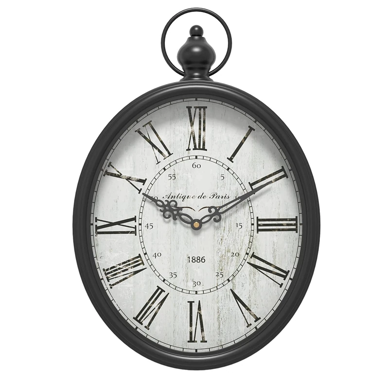 Menterry Oval Retro Wall Clock, Rustic Vintage Style, Black Antique Design, Battery Operated Silent Decor Large Wall Clocks for Kitchen,Farmhouse,Office (15.5" H x 10.5" W)