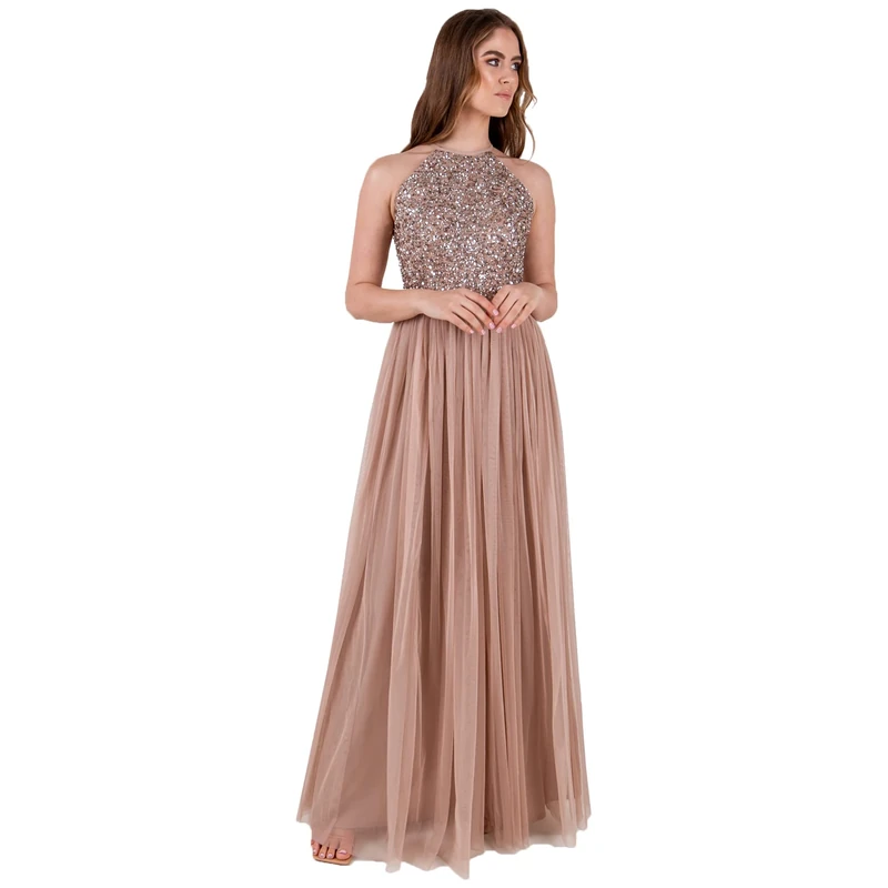 Maya Deluxe Women's Ladies Bridesmaid Maxi Dress Halter Neck Sequin Embellished Prom Graduation Wedding, Taupe Blush, 28