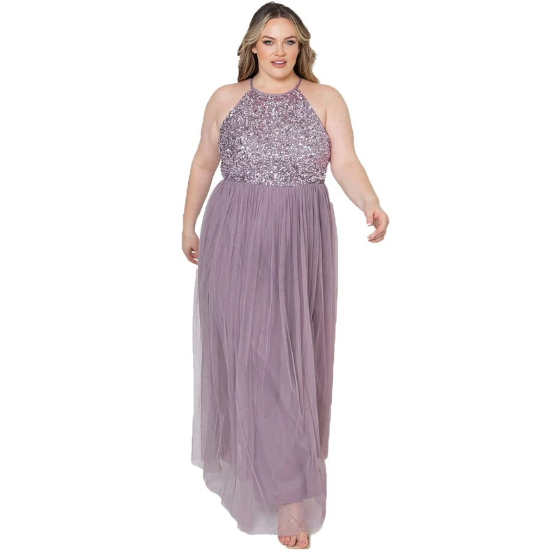 Maya Deluxe Women's Ladies Bridesmaid Maxi Dress Halter Neck Sequin Embellished Prom Graduation Wedding, Moody Lilac, 16