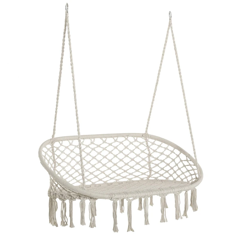 Outsunny 2-Seater Hanging Hammock Chair, Cotton-Polyester Blend Macrame Hanging Rope Chair with Metal Frame, for Patio, Garden, Balcony, Living Room, Cream White
