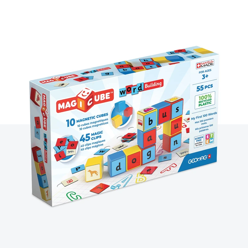 Geomag, Magicube Word Building Clips, Magnetic Games Suitable Children From 3 Years Old, Set to Learn English, 79-Pc Pack, White (259)