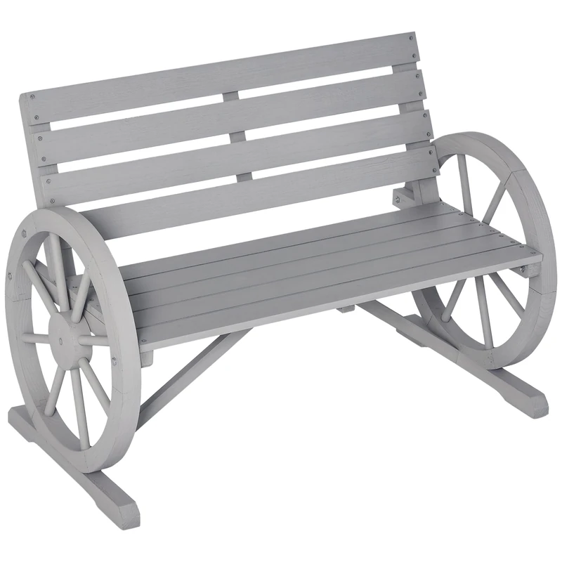 Outsunny 2 Seater Garden Bench, Wooden Cart Wagon Wheel Grey