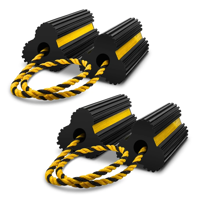 ROBLOCK 2 Pairs Wheel Chocks Heavy-Duty Rubber Wheel Block Non-Slip Base with Nylon Rope Yellow Reflective Tape - 4 Pack Wheel Stopper for Travel Trailers, Car, Camper, Truck, Black