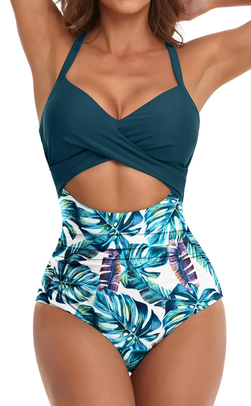 Eomenie Women's One Piece Swimsuits Tummy Control Cutout High Waisted Bathing Suit Wrap Tie Back 1 Piece Swimsuit, Blue Print 2, Large