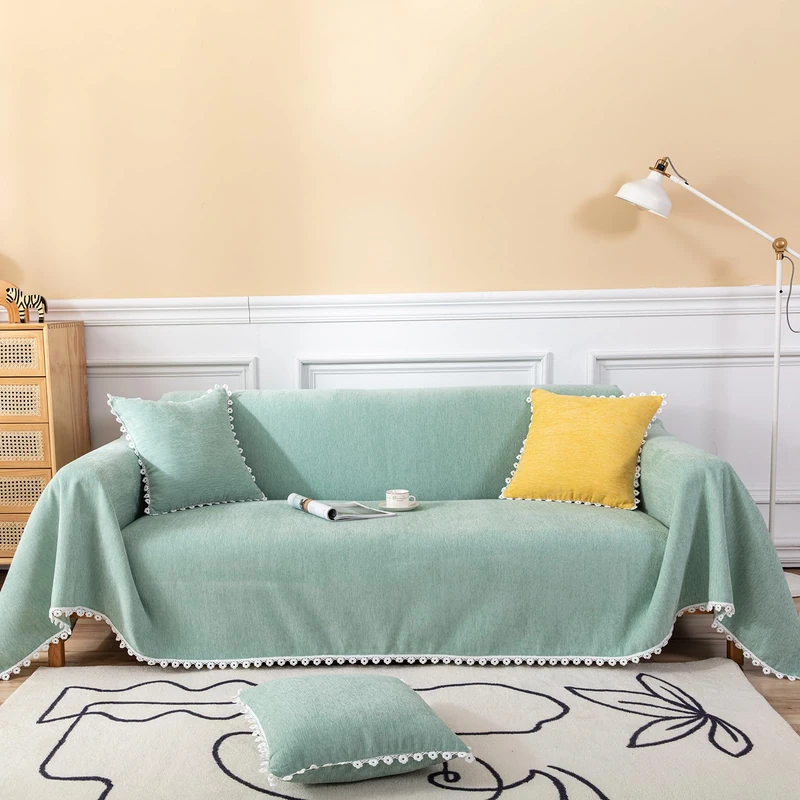 HANDONTIME Cute Sofa Covers Light Green Couch Covers for 3 Cushion Couch Sofa with White Daisy Lace Green Sofa Slipcovers Chenille Couch Cover for Dogs Sectional Sofa L Shape Futon Cover, 71" X118"