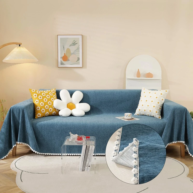 HANDONTIME Loveseat Cover Navy Blue Couch Covers Easy Fitted Sofa Covers for 3 Cushion Couch Universal Sofa Cover Durable Furniture Protector with Lace Sofa Throw Cover for Kids Dogs Pets, 71" X118"