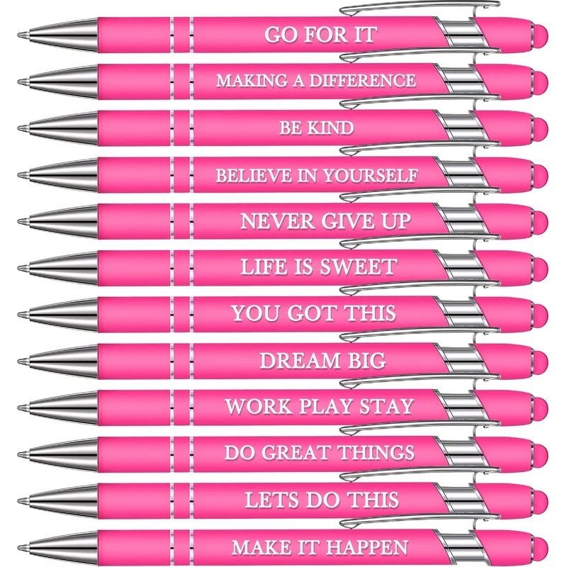Zonon 12 Pcs Inspirational Pens Bulk Funny Ballpoint Pen with Stylus Tip Motivational Gifts for Galentines Valentine Teacher Coworkers Nurse School Office Supplies(Pink,Motivational Style)