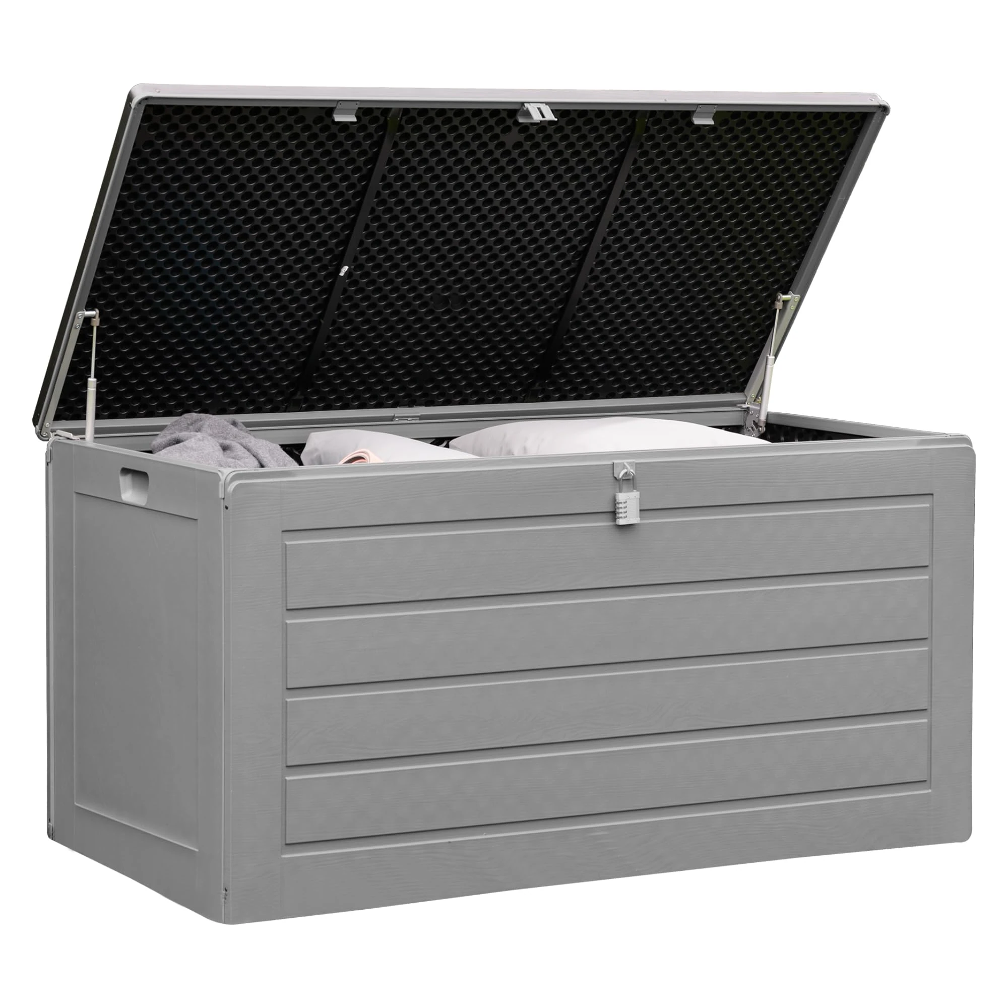 Olsen & Smith 680L Large Garden Storage Box - Weather Resistant Heavy Duty Garden Box with Padlock & Wood Effect - Huge Capacity Outdoor Storage Chest for Tools, Cushions, Toys & More (Anthracite)