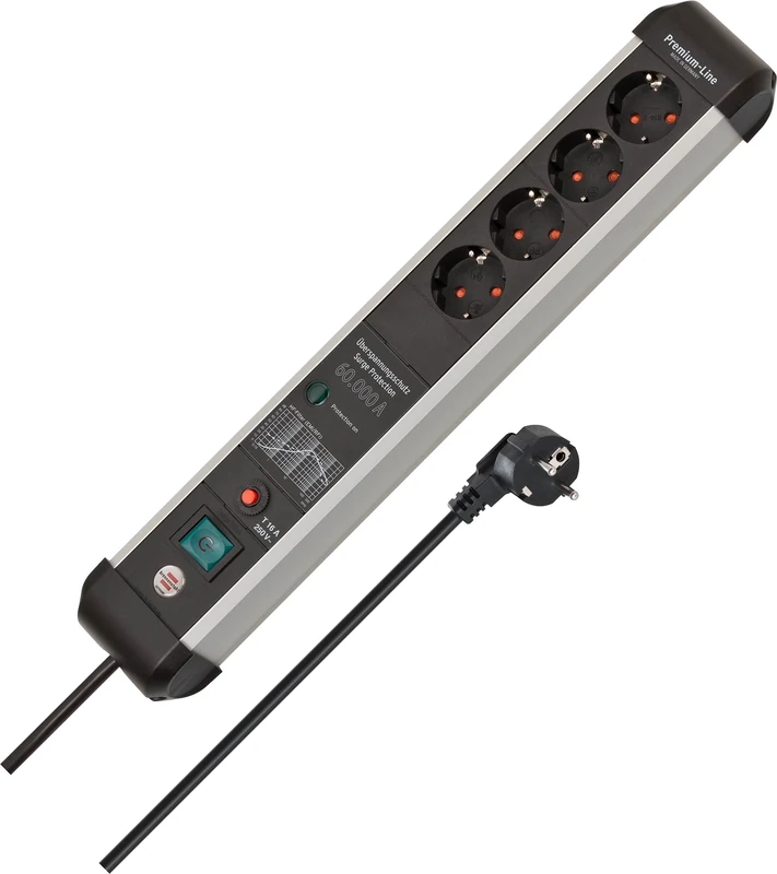 Brennenstuhl Premium Protect-Line Power Strip 4-Way with Surge Protection 60,000 A (Multiple Socket with Switch and 3 m Cable, Made in Germany) Silver/Black