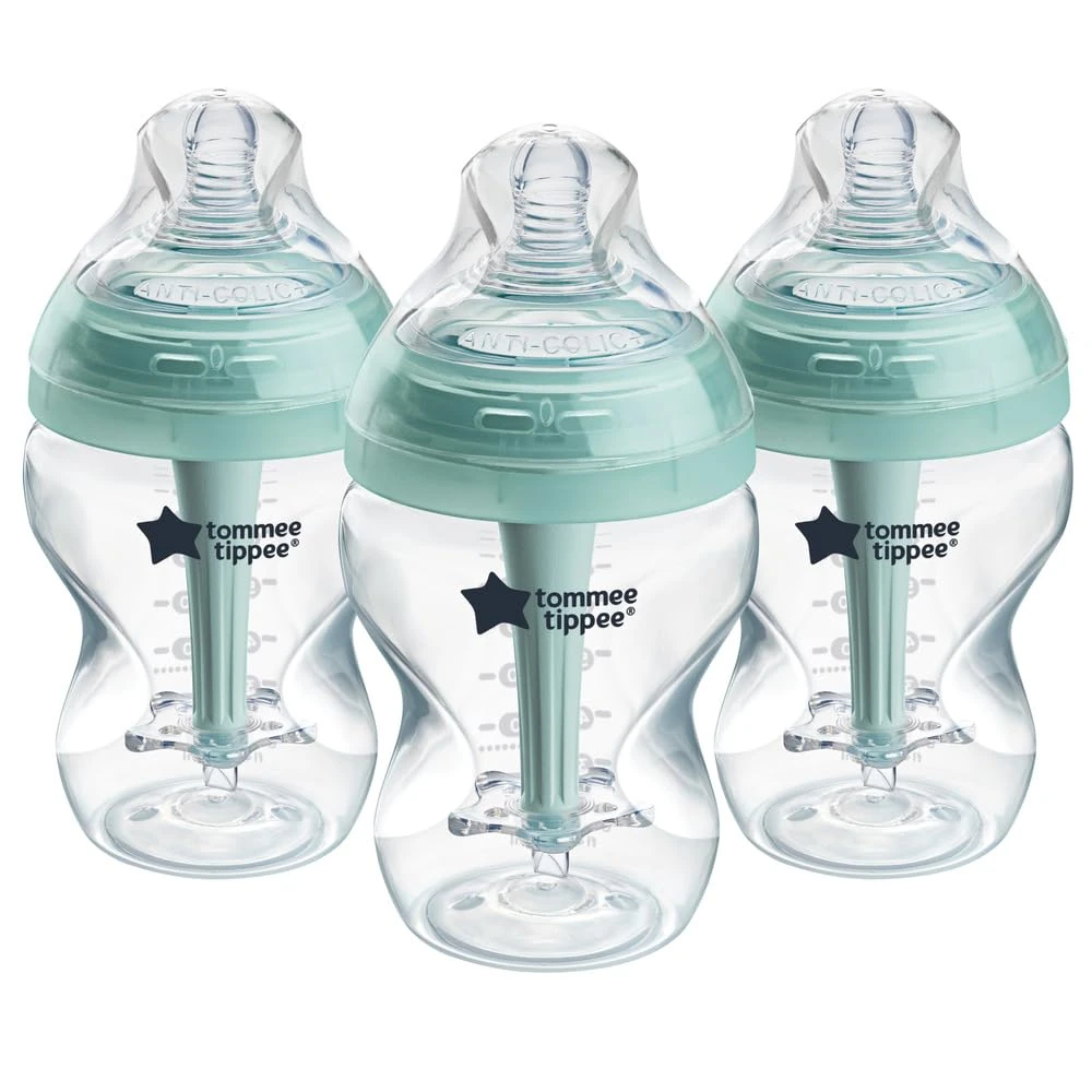 Tommee Tippee Advanced Anti-Colic Baby Bottles for 0m+, Pack of 3 260ml Baby Bottles, with Slow Flow Breast-Like Teat for a Natural Latch, Self-Sterilising and BPA Free, Baby Feeding Essentials