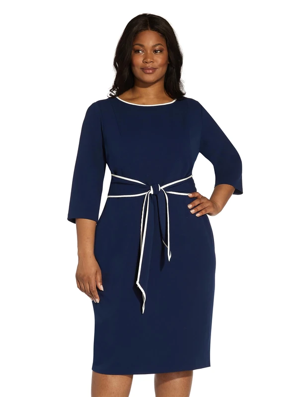 Adrianna Papell Women's Tipped Crepe Tie Dress, Navy Sateen/Ivory, 14