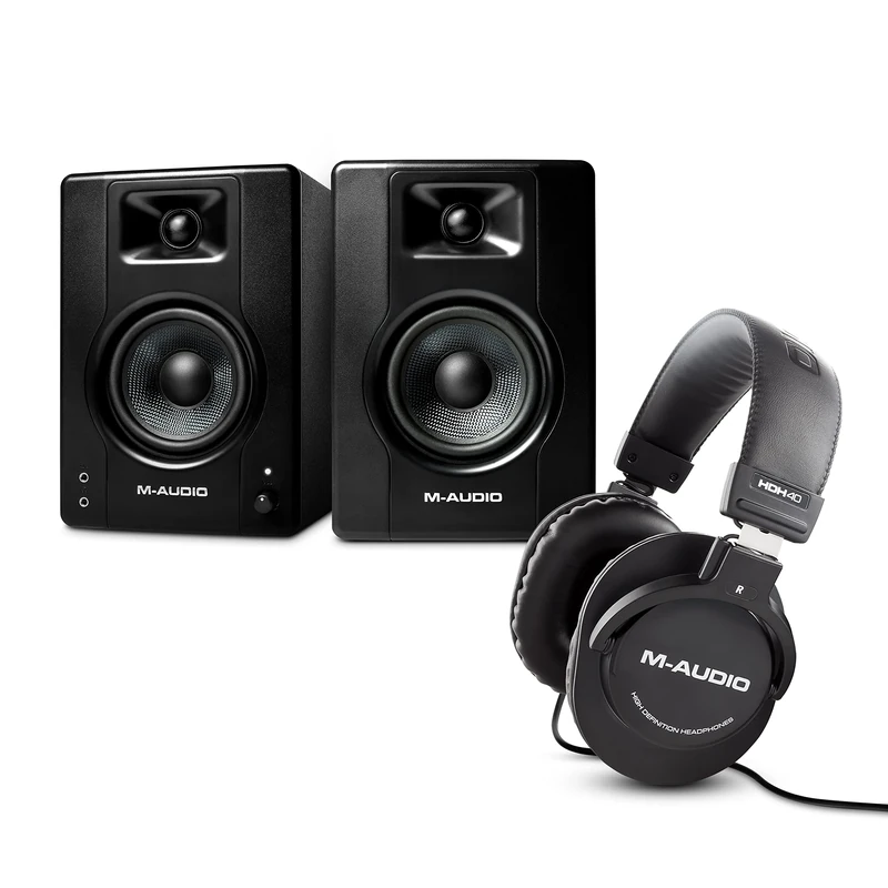 M-Audio Bundle - BX4 4.5" Studio Monitor Speakers and Over Ear Studio Headphones for Recording, Mixing and Streaming with Music Production Software