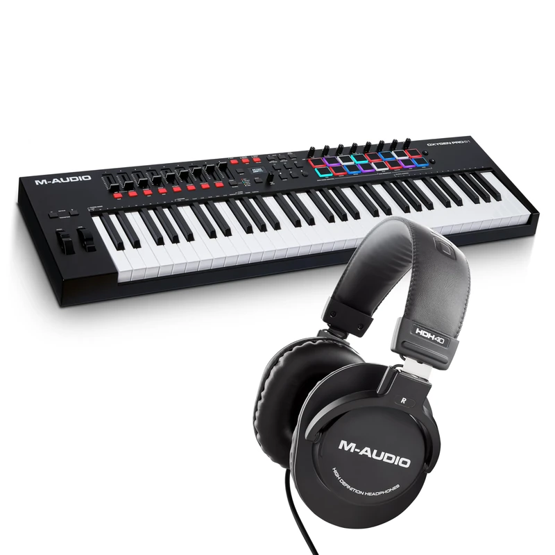 M-Audio Oxygen Pro 61 – 61 Key USB MIDI Keyboard Controller With Beat Pads & HDH40 – Over Ear Studio Headphones with closed back design