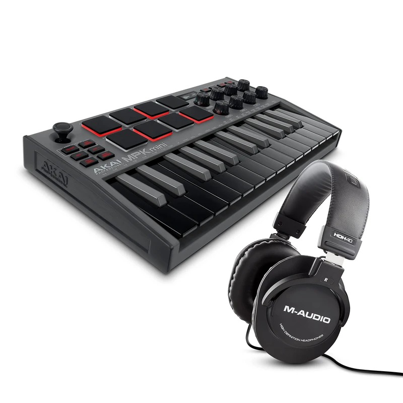 MIDI Controller Bundle - Akai Professional MPK Mini Black MK3 MIDI Keyboard with MPC Beats Production Software and M-AUDIO HDH40 Over Ear Headphones