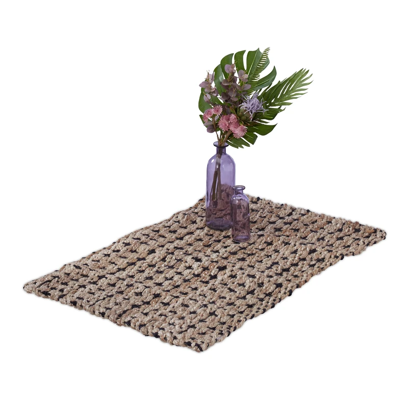 Relaxdays Jute Rug, 60 x 90 cm, Handwoven Mat, Natural Fibres, Hallway Runner, Living Room, Kitchen, Beige/Black