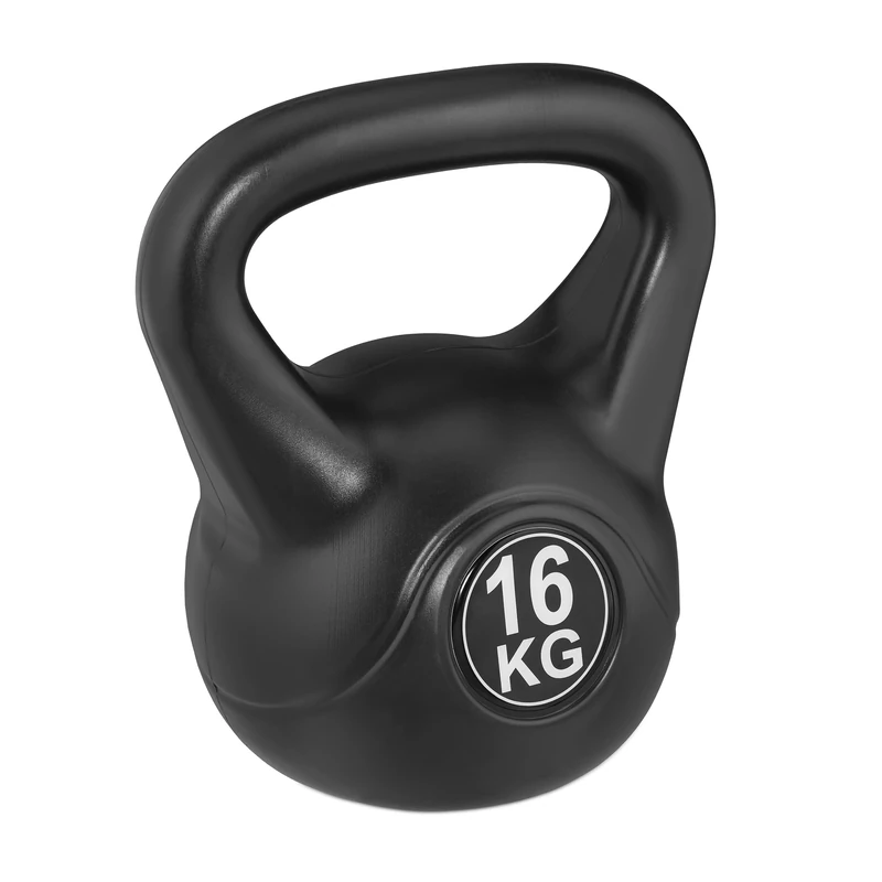 Relaxdays Kettlebell, 16kg Sand-Filled Dumbbell, Plastic Corpus, Equipment for Gym and Home Workouts, Women & Men, Black