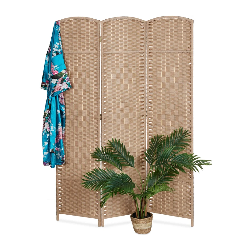 Relaxdays Screen, 3-Piece, Foldable Room Divider, H x W 170 x 120 cm, for Indoor Use, Divider, Wood, Paper Rope, Natural