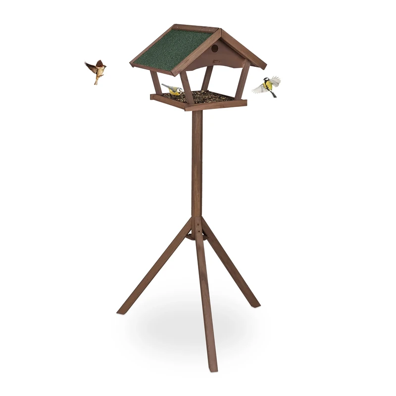 Relaxdays Free-Standing Bird Table, Birdhouse Feeder, HxWxD: 139 x 70 x 60 cm, Weatherproof Roof, Wood, Brown/Green