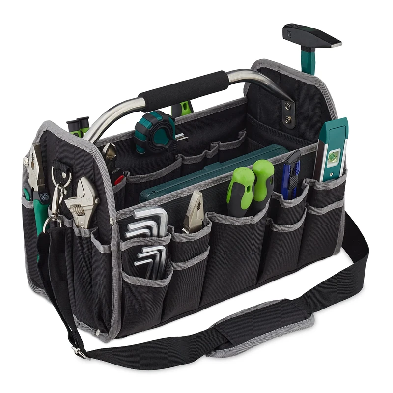 Relaxdays Tool Bag, Empty, Carrying Handle and Shoulder Strap, Open Equipment Carrier Box, HxWxD: 30 x 42 x 23 cm, Black