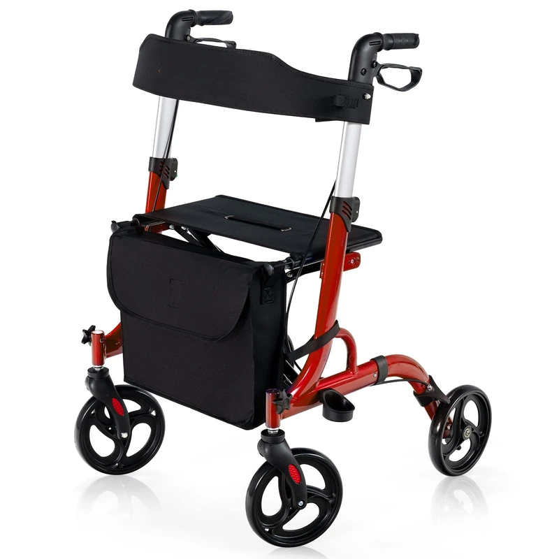 GYMAX Rollator Walkers, 4 Wheels Folding Medical Walking Aid with Seats, Adjustable Handle and Storage Bag, Lightweight Walking Frame for The Elderly & Disabled (Red)
