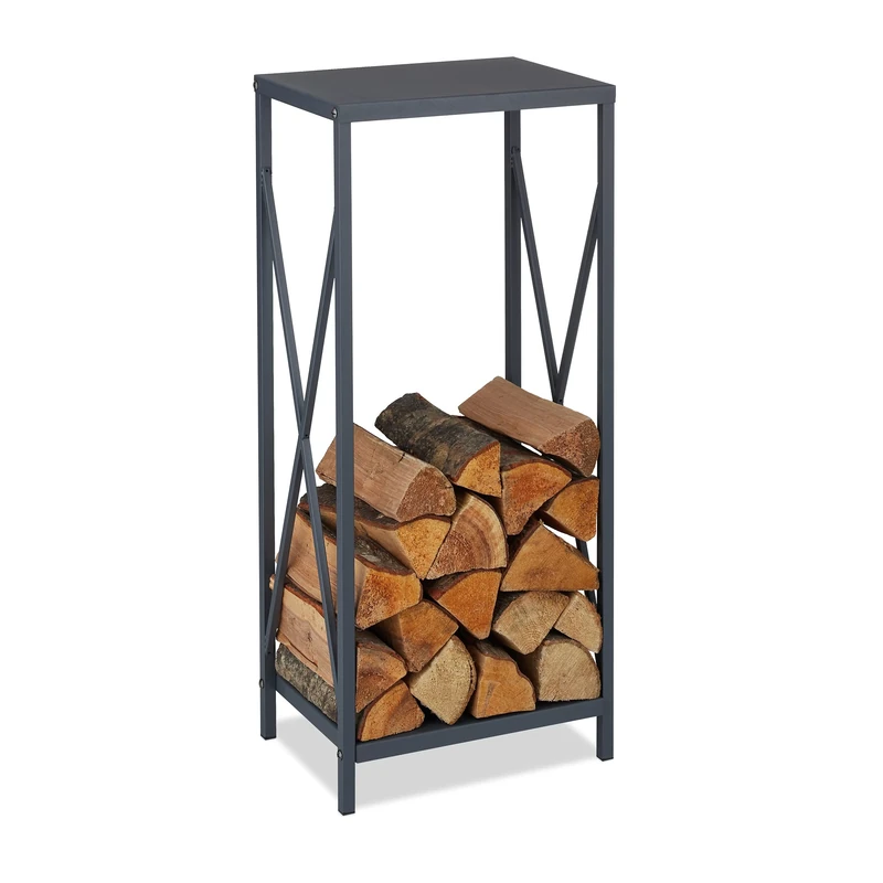 Relaxdays Firewood Storage Stand, Logs Rack for Indoors, Powder-Coated Metal, Wood Shelf, HWD: 80 x 34 x 25 cm, Grey