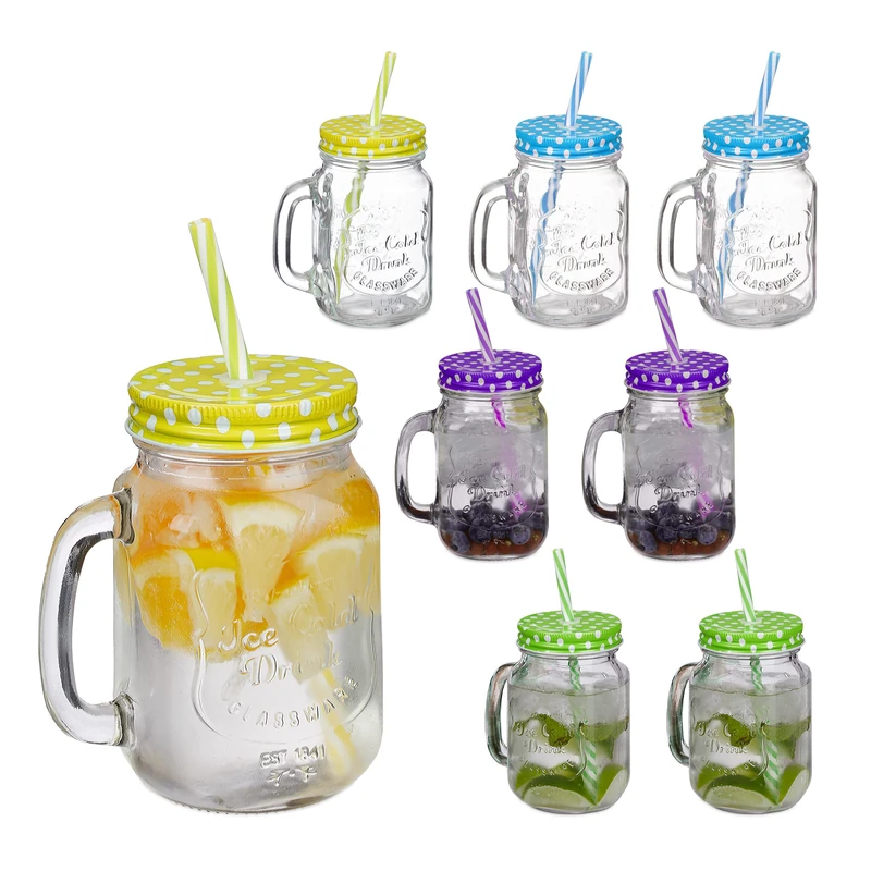 Relaxdays Drinking Jars Set of 8, Dishwasher Safe Including Lids and Straws, 400ml Each, Vintage Glasses, Transparent, 19 x 11 x 8 cm