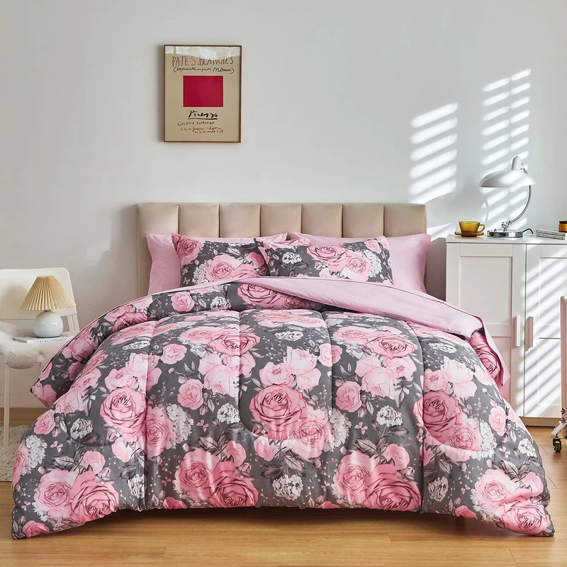 Flower Comforter Sheet Set Gray Bed in a Bag 7 Pieces Queen Size Pink White Floral Microfiber Reversible Bedding Set (1 Comforter 2 Pillow Shams 1 Pink Flat Sheet 1 Fitted Sheet 2 Pillowcases)