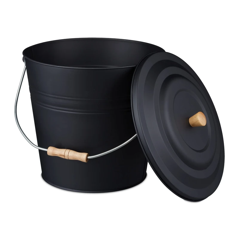 Relaxdays Ash Bucket with Lid, 12l, Charcoal Bin with Handle, Round, Fireplace/Stove/Barbecue, HWD: 32x35.5x33 cm, Black