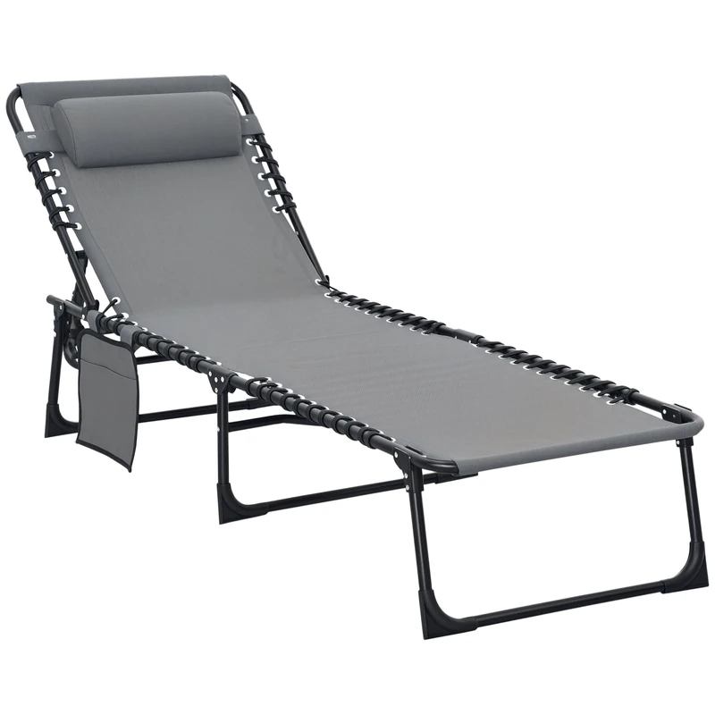 Outsunny Portable Sun Lounger, Folding Camping Bed Cot, Reclining Lounge Chair 5-position Adjustable Backrest with Side Pocket, Pillow for Patio Garden Beach Pool, Grey