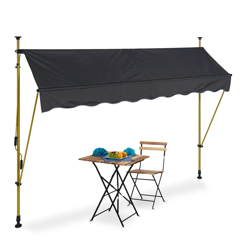 Relaxdays Clamp Awning, 250 cm Wide, Height Adjustable, No Drilling, UV-Resistant, Sun Protection Balcony, Anthracite/Gold, 250 x 120 cm