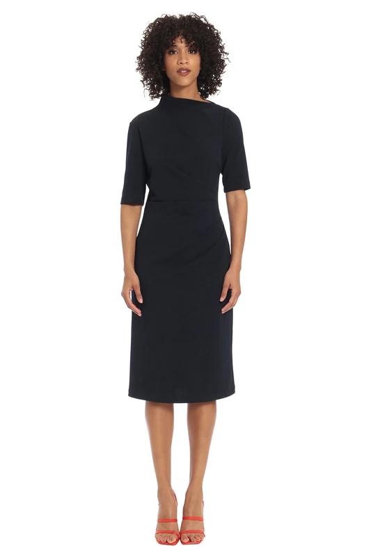Maggy London Women's Side Pleat Dress with Asymmetric Neck and Elbow Sleeves, Twilight Navy, 4