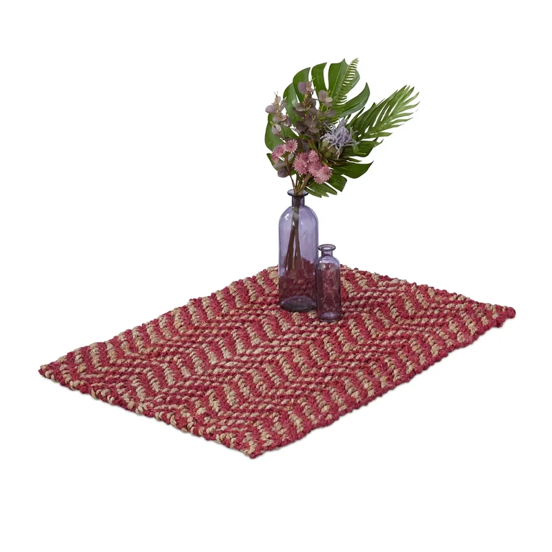 Relaxdays Jute Rug, 60 x 90 cm, Handwoven Mat, Natural Fibres, Hallway Runner, Living Room, Kitchen, Red/Beige