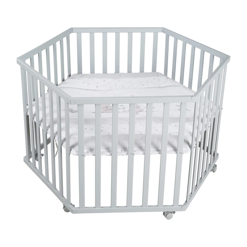 roba Hexagonal Adjustable Playpen with Protective Insert and Brake Castors Taupe