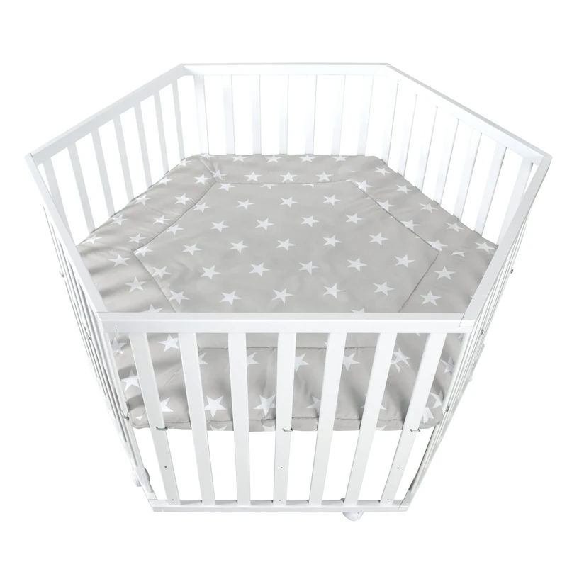 roba Little Stars Hexagonal Wooden Baby Playpen + Playpen Mat and Wheels with Brakes – Height Adjustable Base – White