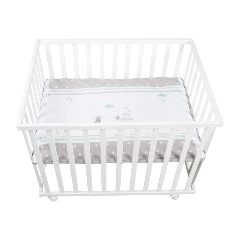roba Indibear Rectangular Wooden Baby Playpen 75 x 100 cm + Playpen Mat and Wheels with Brakes – Height Adjustable Base – White