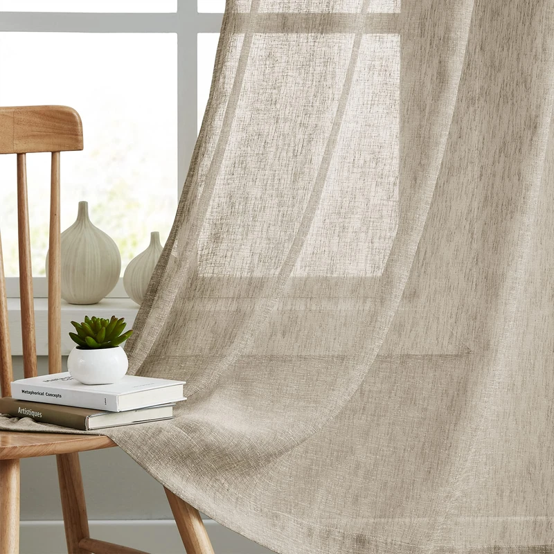 Melodieux Rustic Linen Sheer Curtains 96 Inches Long for Living Room, Bedroom Natural Flax Textured Light Filtering Rod Pocket Burlap Sheer Drapes, 52x96 Inch, Tan (2 Panels)