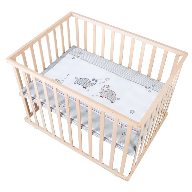 roba Jumbo Twins Rectangular Playpen for Children – 75 x 100 cm – with Mattress and Wheels with Brakes – 3 Adjustable Heights, 0-24 Months – Natural Wood