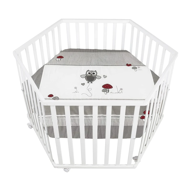 roba Adam & Eule Hexagonal Wooden Playpen + Playpen Mat and Wheels with Brakes – Height Adjustable Base – White