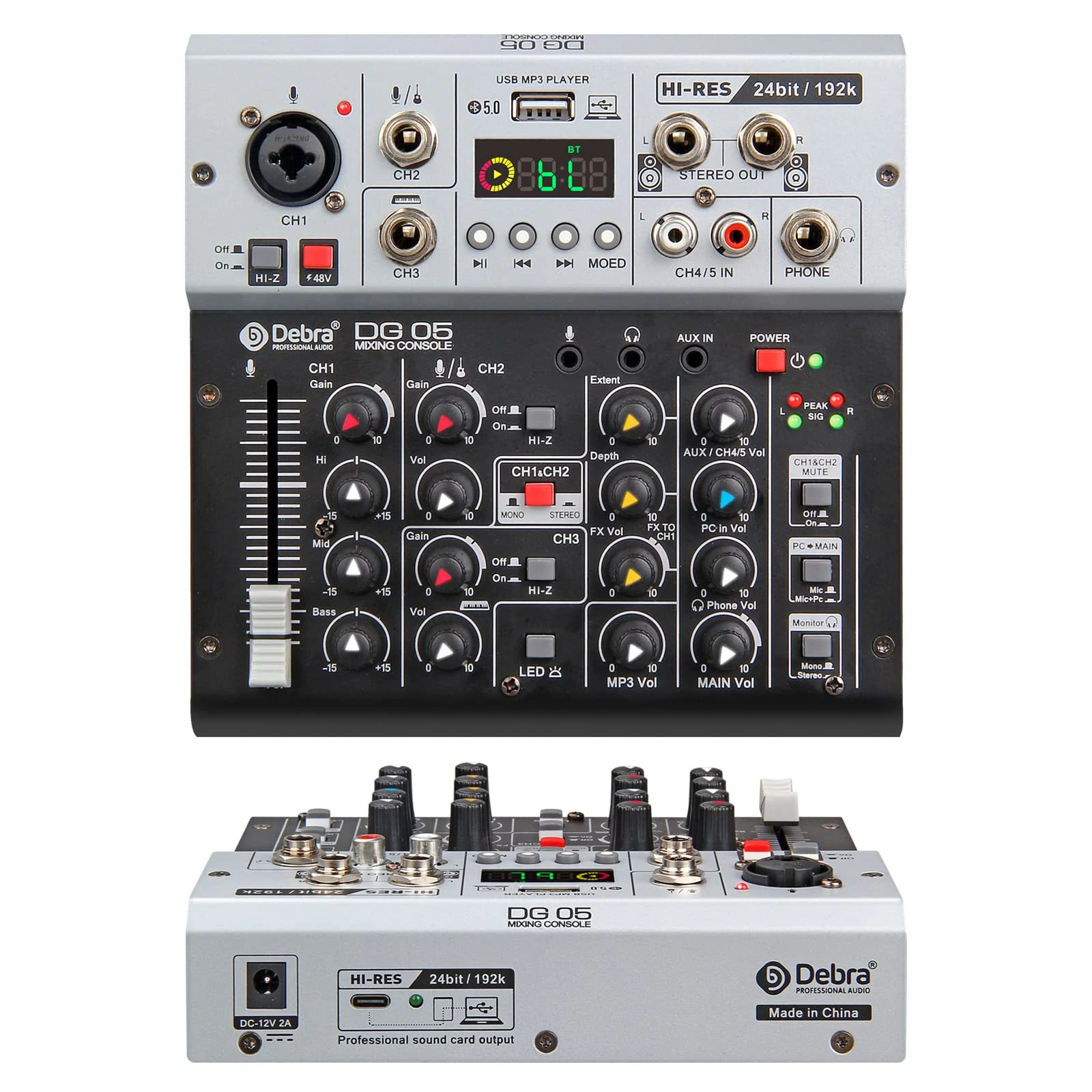 Audio Mixer Channel,V4 4-channel DJ Mixer with MP3 USB Bluetooth, 48V Phantom Power, Sound Mixing Board for Live, Wedding, Party, Recording Broadcast (DG-05)