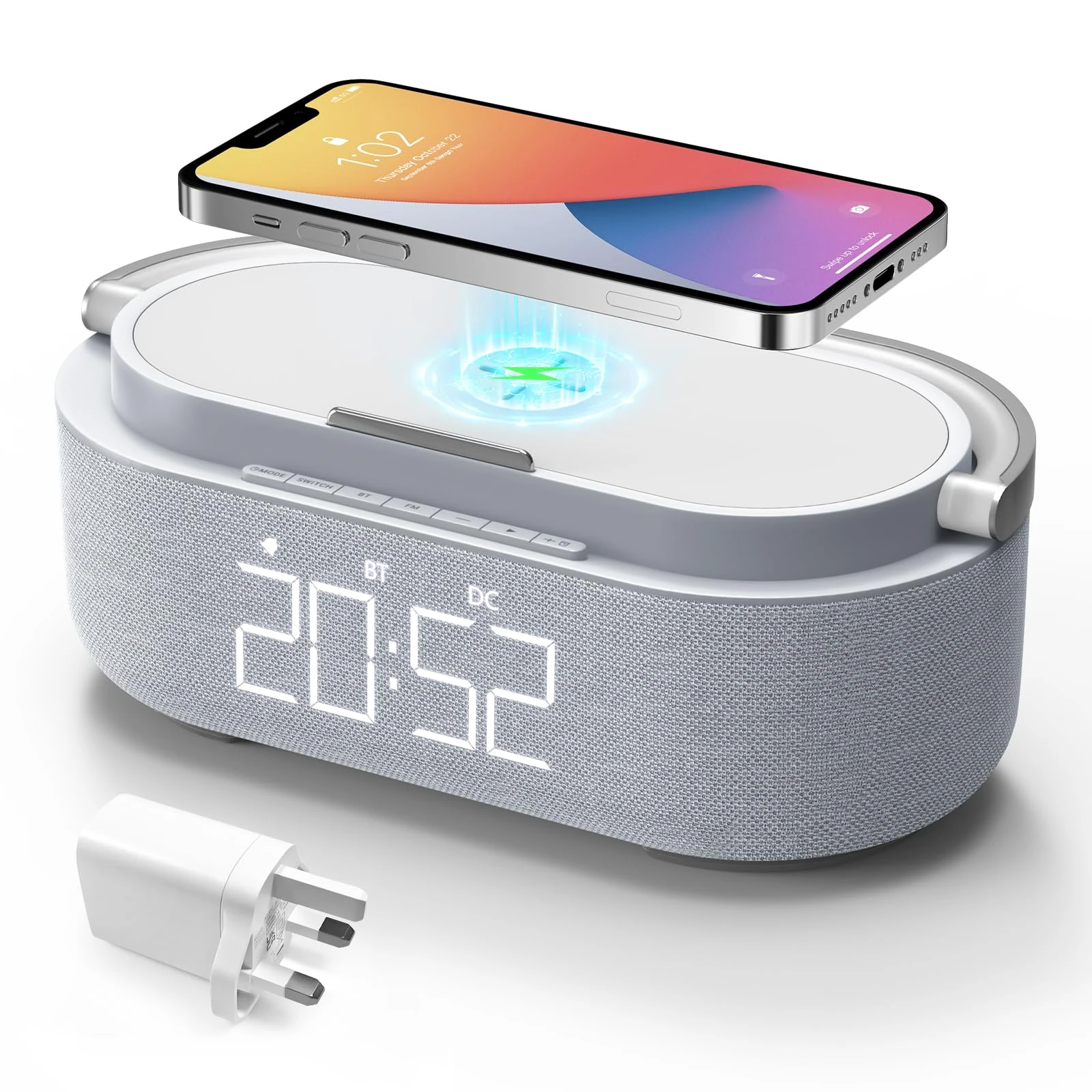 COLSUR Bluetooth Speaker with Radio, 15W Fast Wireless Charger, FM Radio, Bedside Night Light for Heavy Sleepers, Snooze, Dimmable LED Display, 2500mAh Battery USB Charging Port