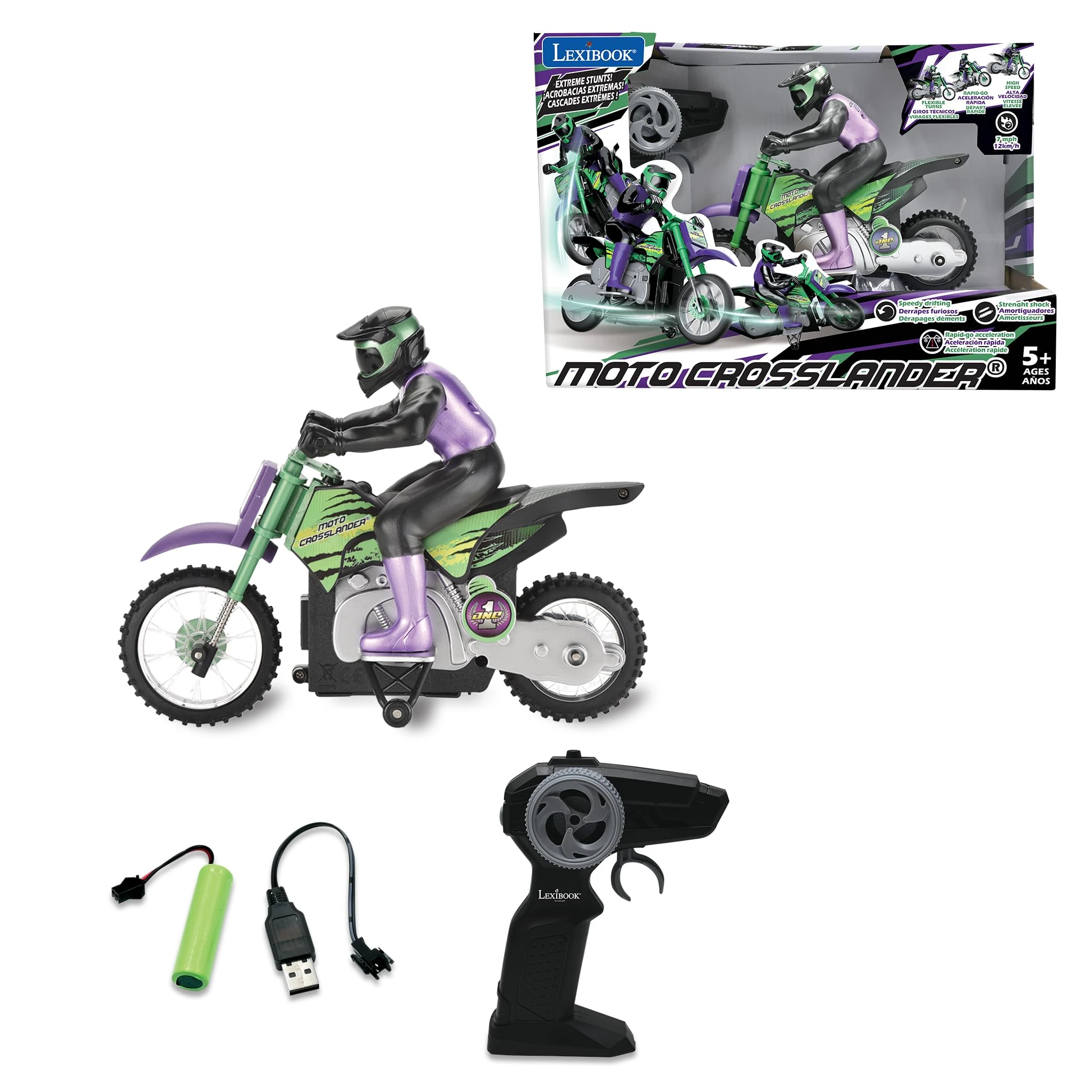 LEXIBOOK, Crosslander®, Radio-controlled off-road motorcycle, up to 12km/h, perfect balance, light effects, crazy skids, fast acceleration, ergonomic remote control, rechargeable, RC18