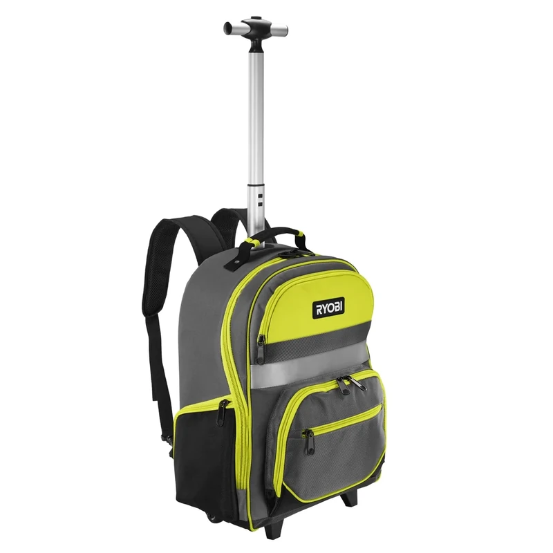 Ryobi Tool Backpack RSSBP2 (Integrated Wheels, Telescopic Handle, 600 Denier Polyester Body, Padded Shoulder Straps, 2 x Wide Inner Pockets, One with Zip, with Laptop Compartment)