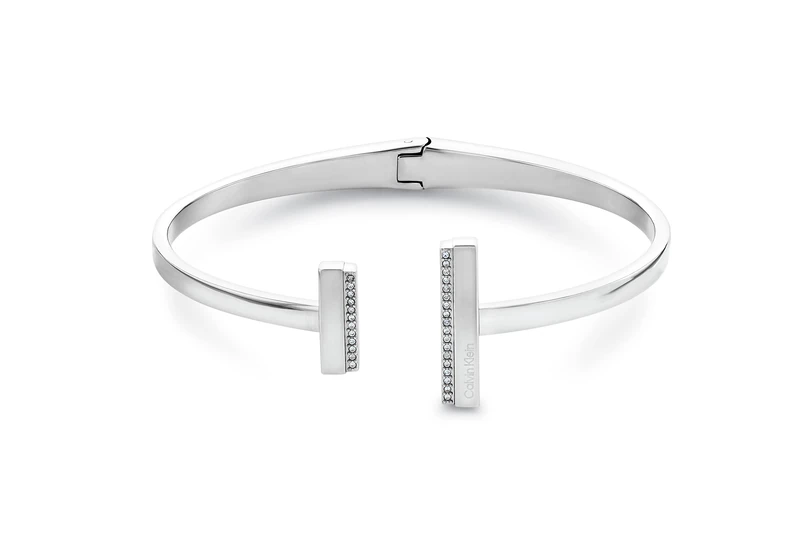Calvin Klein Women's MINIMAL LINEAR Collection Open Bangle Bracelet in Stainless Steel Embellished with Crystals - 35000160
