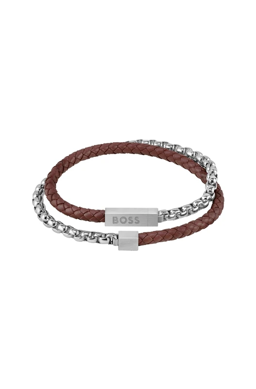 BOSS Jewelry Men's BLENDED Collection Leather & Steel Bracelet Brown - 1580149S
