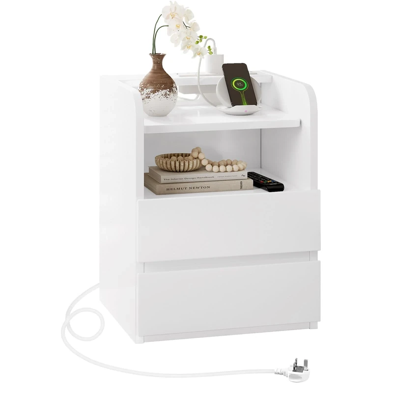 Feonase Bedside Table with Charging Station, Bedside Cabinet with 2 Drawers & Open Storage Shelf, Nightstand for Living Room, Morden Bed Side Table for Bedroom, White