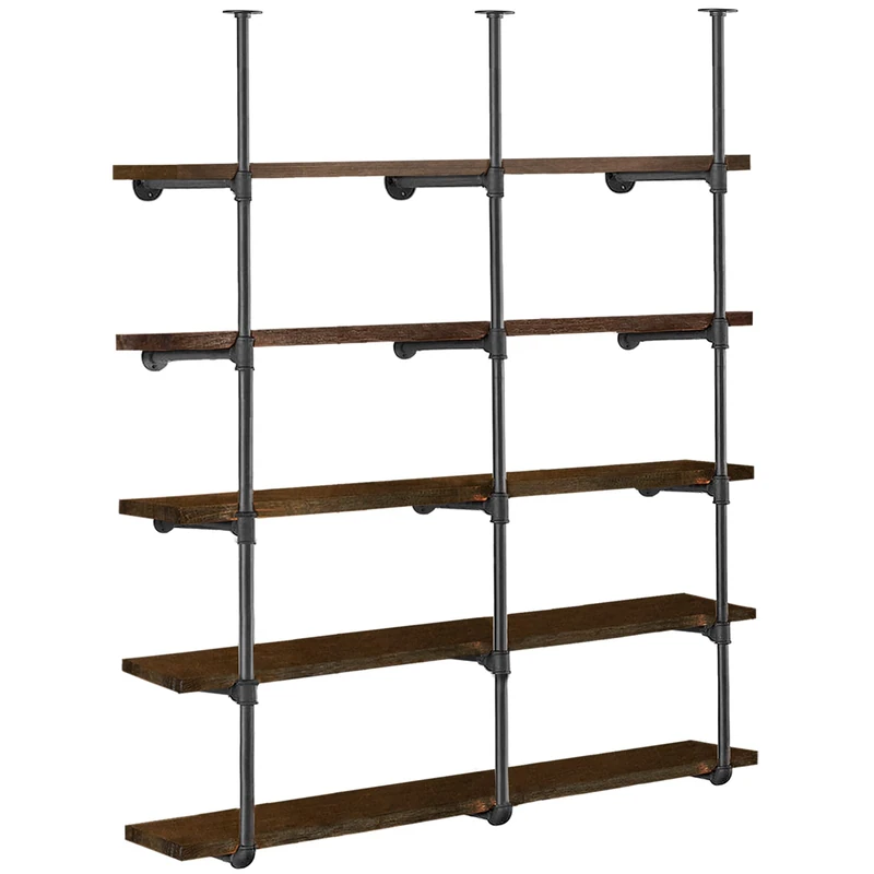 HITOMEN Industrial Iron Pipe Shelves, 3 Set 5-Tier, 70" Tall, 12" Depth, DIY Open Bookshelf Bookcase, Wall Mounted Vintage Retro Shelving, Rustic Farmhouse Pantry Kitchen Storage, Black Shelf Brackets
