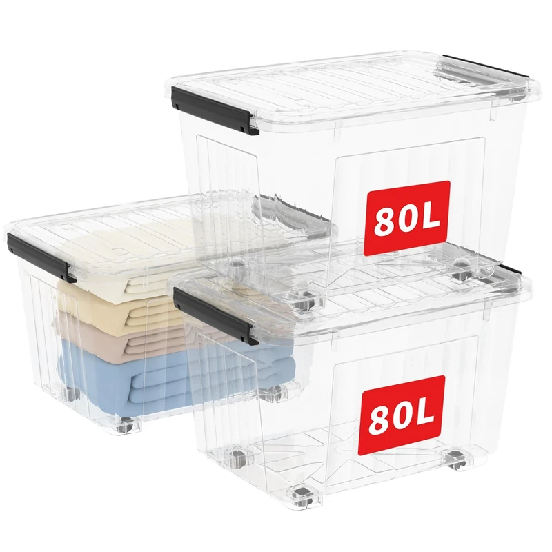 Cetomo 80L*3 Plastic Storage Boxes with Wheels, Lidded Storage Box with Secure Side Latches, PP Nestable and Stackable Clear Organizer for Home, Office, Moving, Transparent, 80L-3 Pack