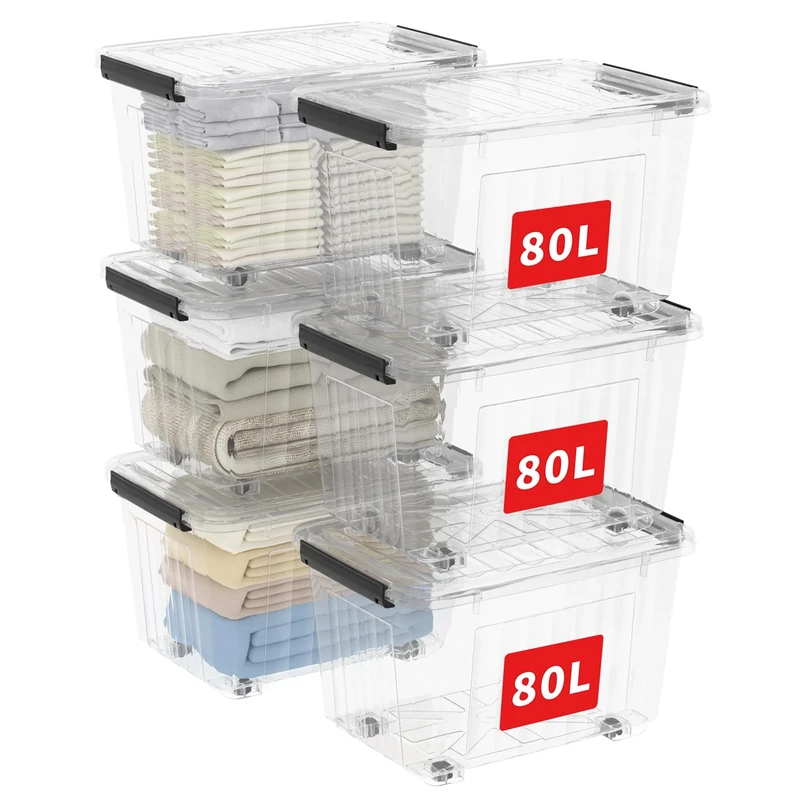 Cetomo 80L*6 Plastic Storage Boxes with Wheels, Lidded Storage Box with Secure Side Latches, PP Nestable and Stackable Clear Organizer for Home, Office, Moving, Transparent, 80L-6 Pack