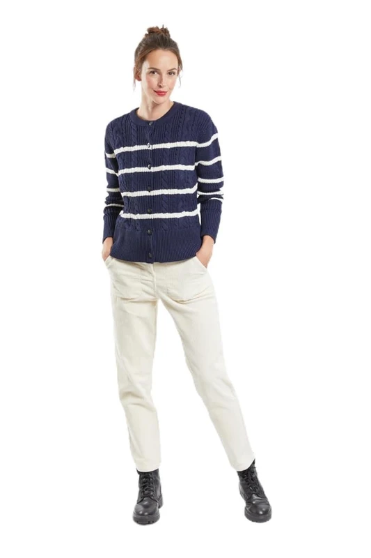 Armor Lux Women's Striped Cardigan Sweater, Seal/Nature, Large